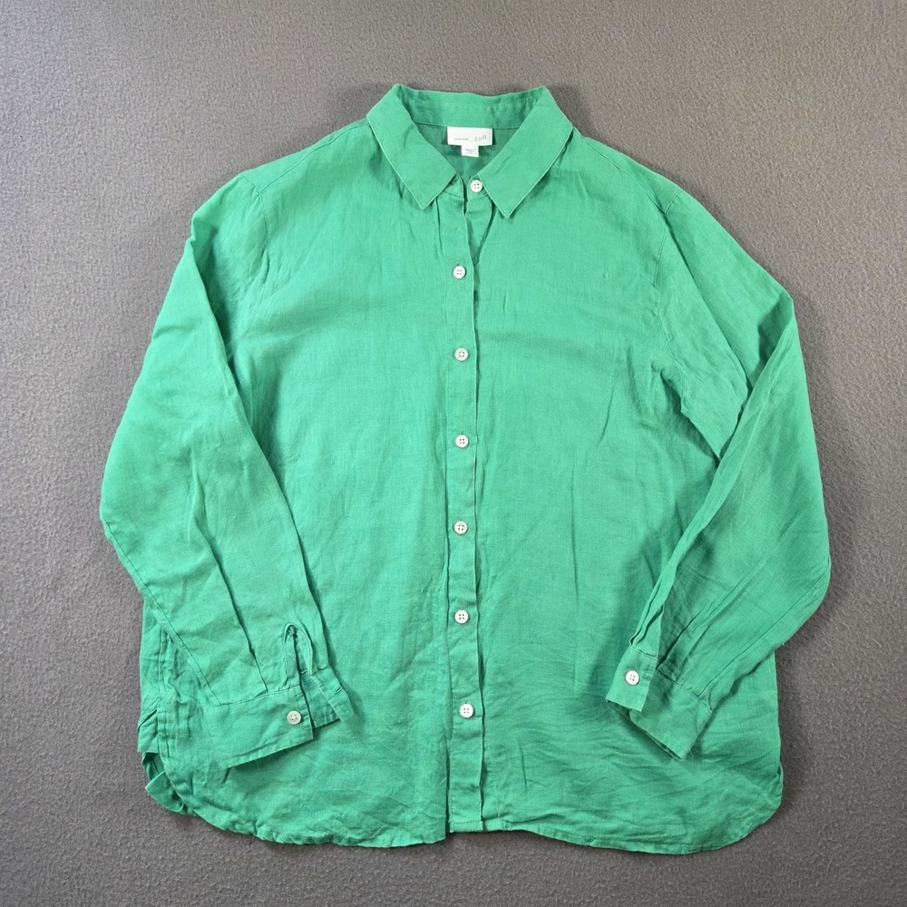 J Jill Love Linen Shirt Womens Small Green Oversized Fit Blouse Long Sleeve